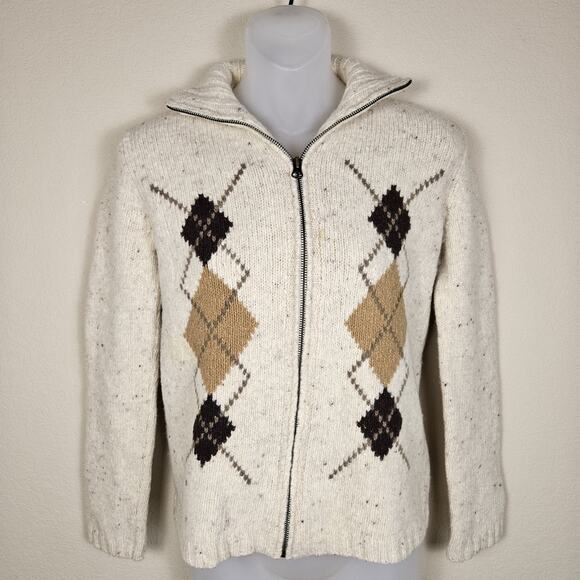 VTG Eddie Bauer Wool Sweater Women Full Zip Up Argyle Knit Beige Y2K Cabin Ski M - Picture 3 of 16